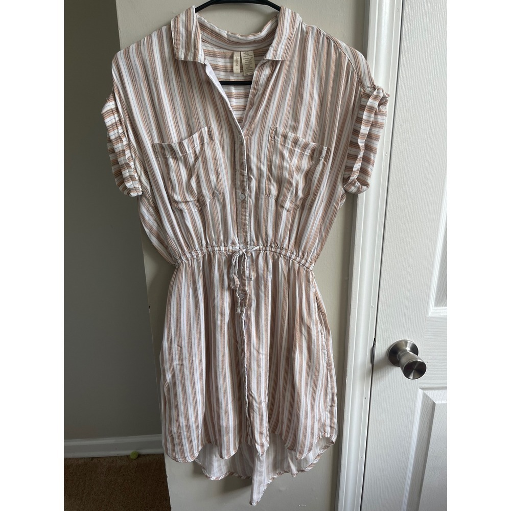 Japna Womens Tan White Striped Button Front Shirt Dress Small Short Sleeve Boho